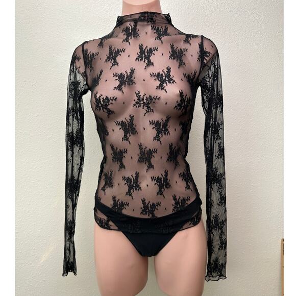 Free People Tops - Free People Lady Lux Black Sheer Lace Floral Top XS